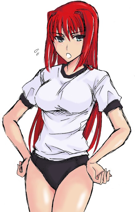 aozaki aoko, melty blood, tsukihime, type-moon, 00s, 1girl, breasts, female focus, green eyes, gym uniform, hair intakes, hands on own hips, long hair, red hair, solo