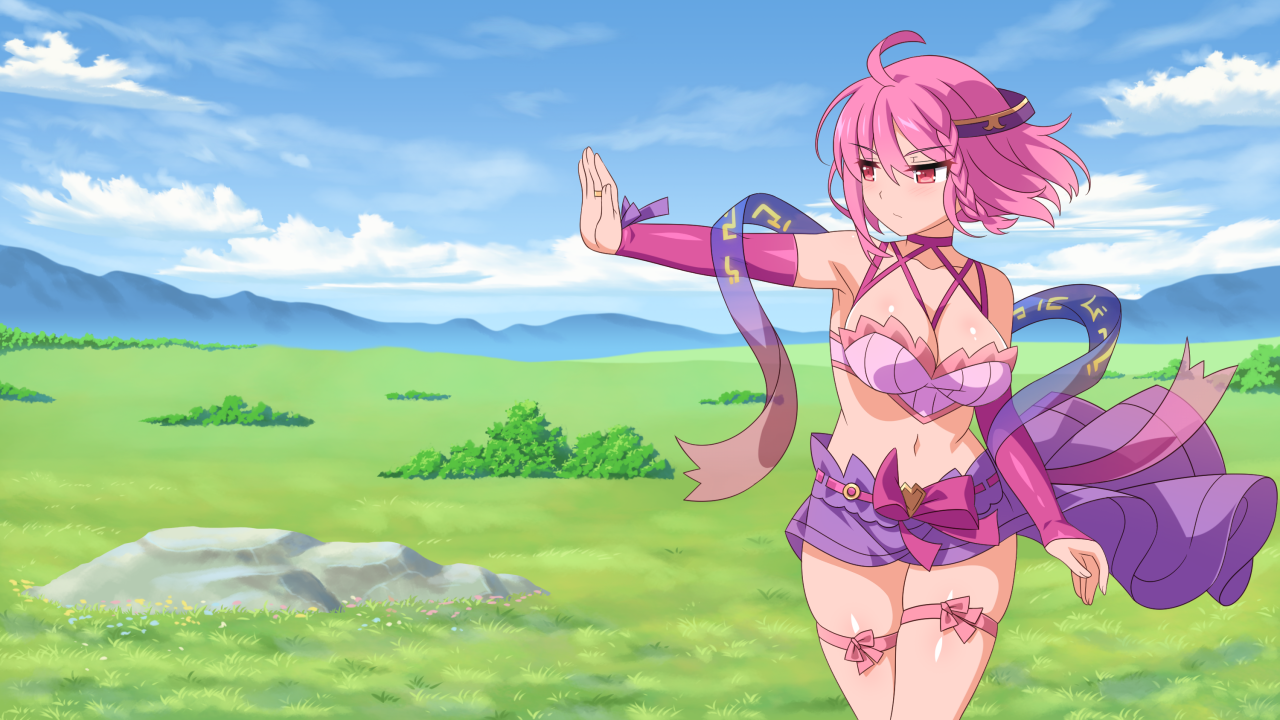 wanaca, game cg, official art, 1girl, belt, braid, breasts, cecily rhodes, crop top, detached sleeves, expressionless, field, half-skirt, legends of talia: arcadia, palms, pink hair, sandals, shawl, side braid, standing, thigh strap
