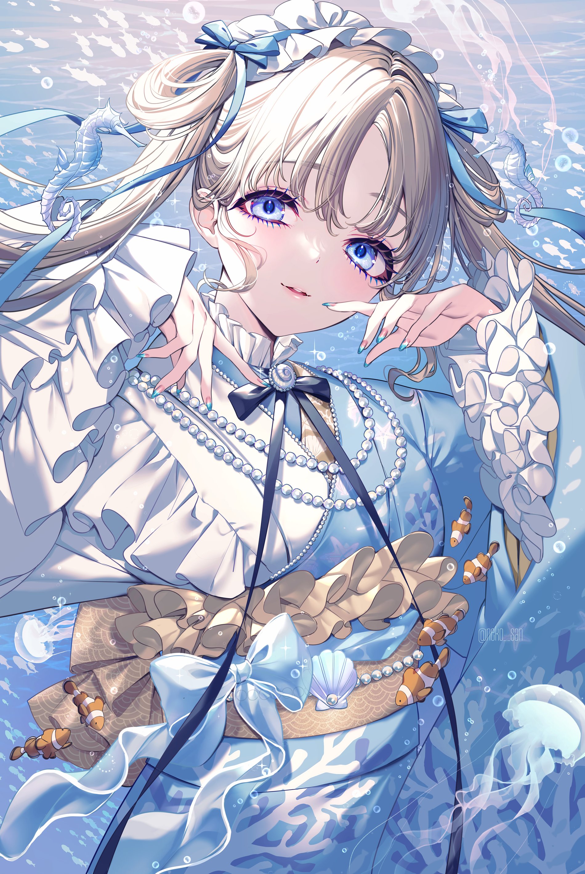 neko-san (dim.dream), original, absurdres, commentary request, highres, 1girl, blonde hair, blue eyes, blue hairband, blue kimono, blush, fish, frilled hairband, frills, hairband, hands up, japanese clothes, jellyfish, kimono, long hair, long sleeves, looking at viewer, multicolored nails, nail polish, obi, parted lips, sash, solo, twintails, yellow sash