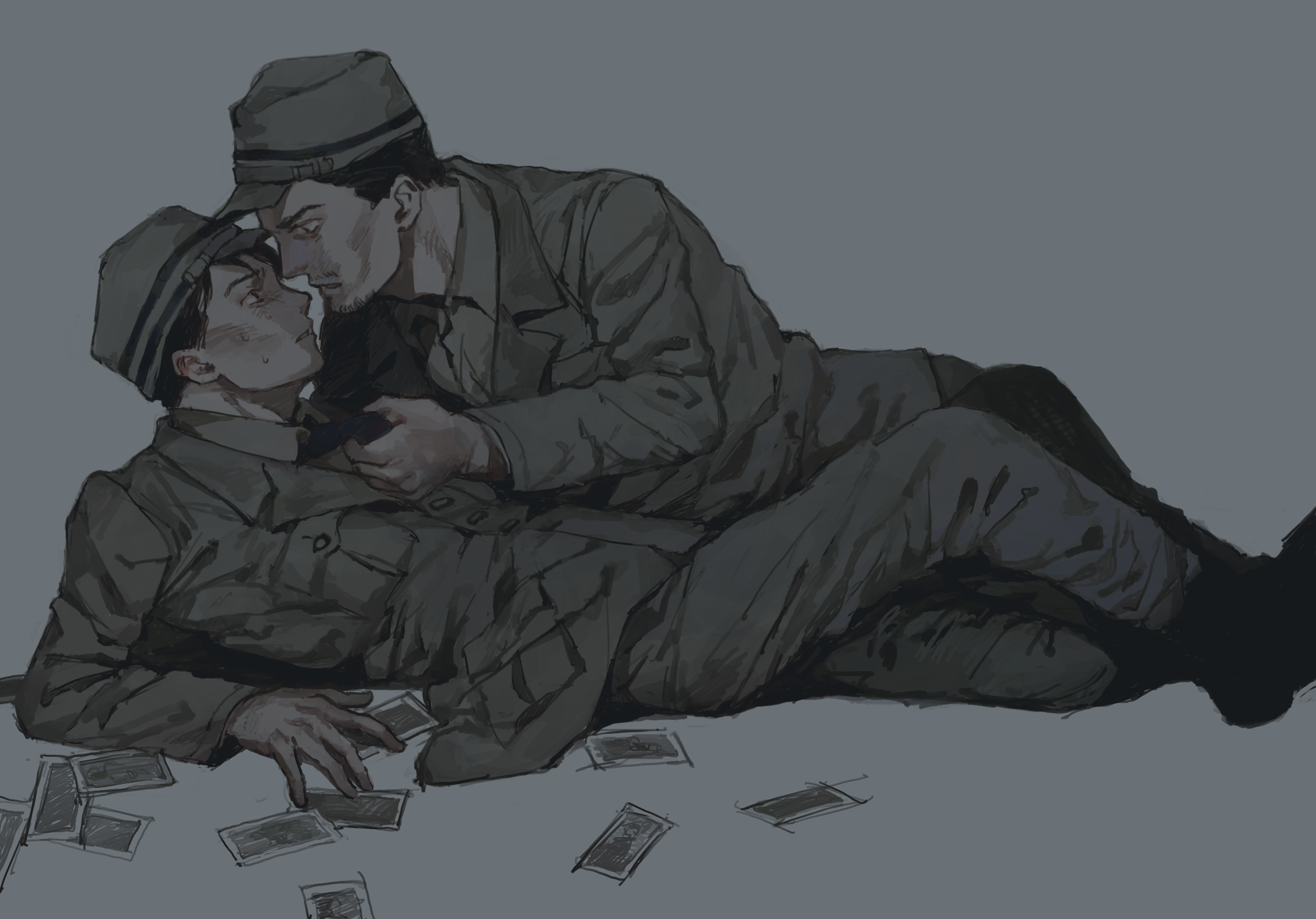 mtmr 0721, godzilla (series), godzilla minus one, character request, highres, 2boys, black necktie, black shoes, clothes grab, eye contact, facial hair, goatee stubble, grey background, hat, long sleeves, looking at another, lying, male focus, military uniform, multiple boys, necktie, necktie grab, neckwear grab, on back, photo (object), shoes, stubble, yaoi