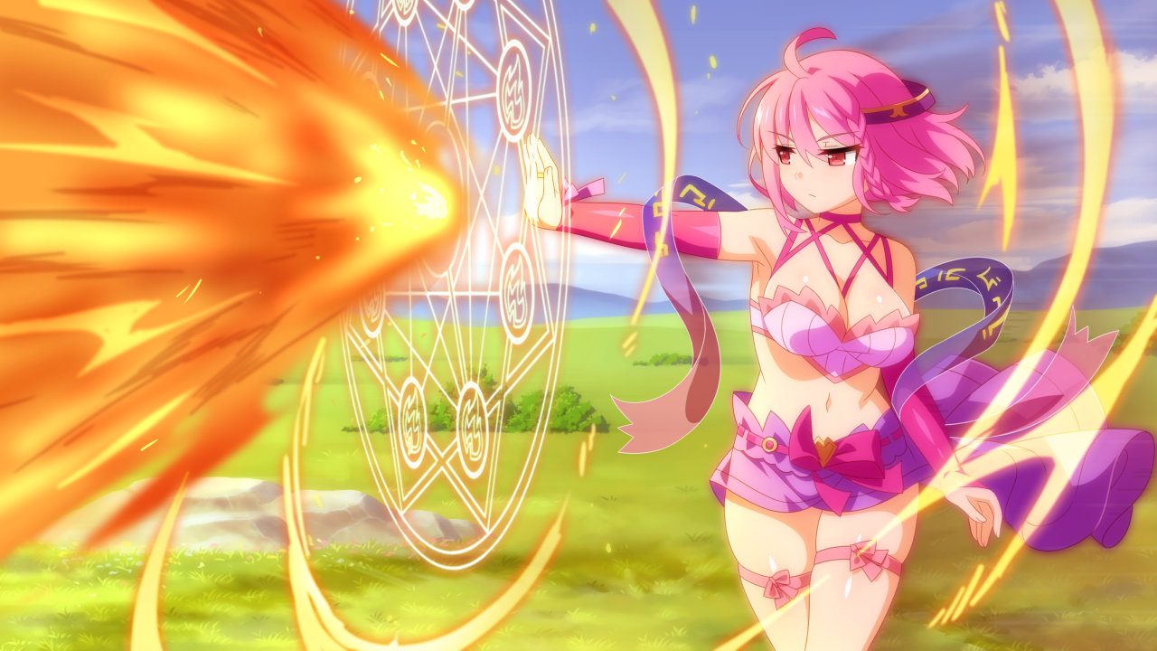 wanaca, game cg, official art, 1girl, belt, braid, breasts, cecily rhodes, crop top, detached sleeves, expressionless, field, fire, half-skirt, legends of talia: arcadia, magic, pink hair, runes, sandals, shawl, side braid, standing, thigh strap