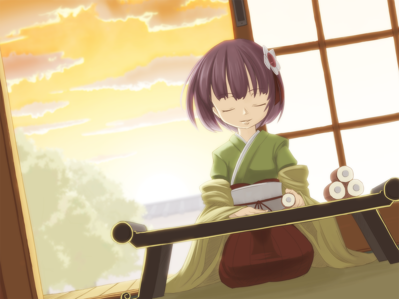 hieda no akyuu, perfect memento in strict sense, touhou, highres, 1girl, closed eyes, cloud, female focus, flower, hair flower, hair ornament, japanese clothes, purple hair, scroll, sky, solo, sunset, tree