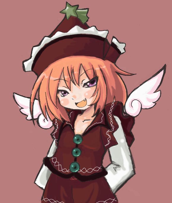 oyavun, vu (oyavun), lyrica prismriver, touhou, 1girl, evil grin, evil smile, female focus, grin, hat, orange hair, red hat, smile, solo