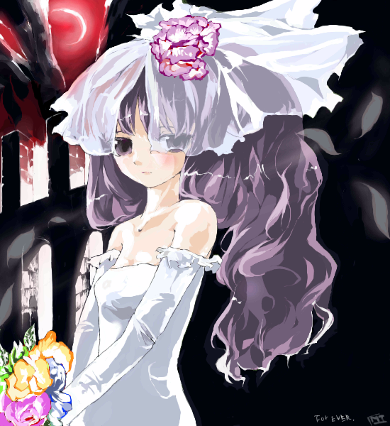 mo, shunsei (muratou), patchouli knowledge, touhou, 1girl, bare shoulders, bridal veil, bride, dress, elbow gloves, female focus, gloves, long hair, moon, night, petals, ponytail, purple eyes, purple hair, red moon, solo, veil, wedding dress