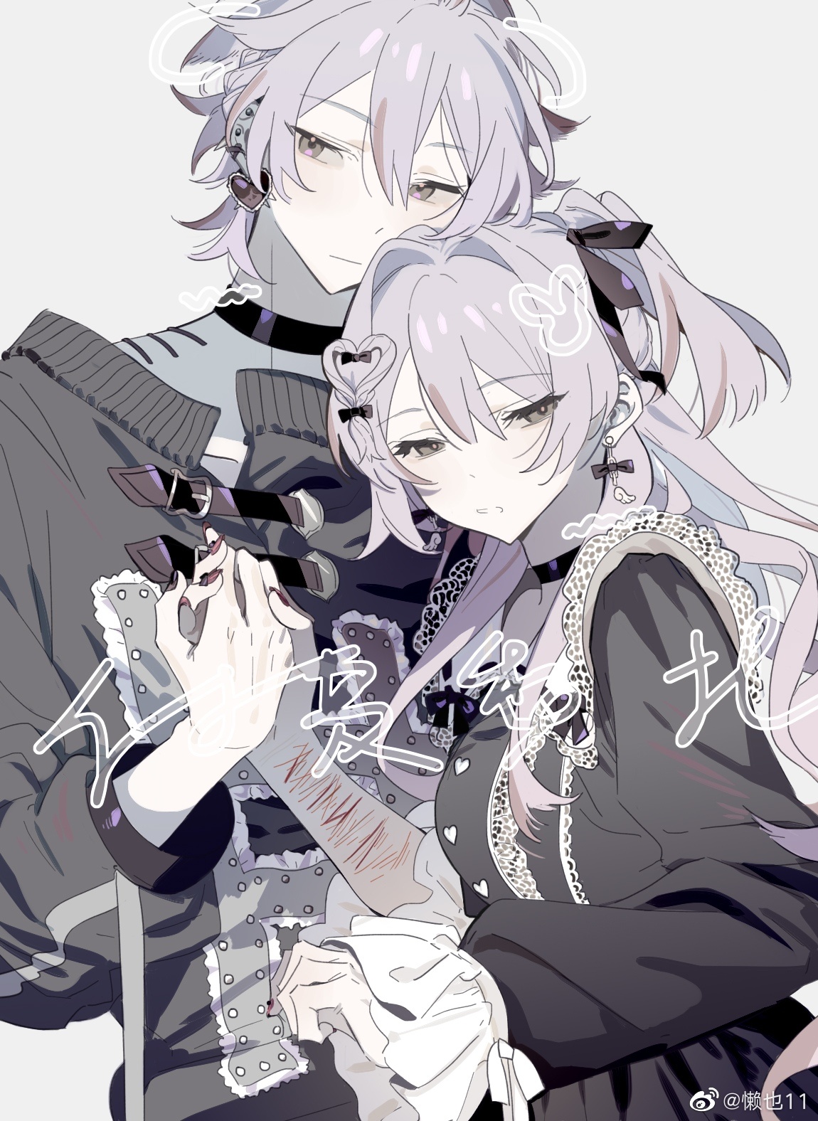 original, highres, 1boy, 1girl, black choker, black dress, choker, dress, earrings, frilled sleeves, frills, hair between eyes, hair ornament, hair ribbon, hands up, heart, heart earrings, heart hair ornament, holding, holding hands, jewelry, lanye11, long hair, long sleeves, looking to the side, multicolored hair, piercing, pink hair, puffy long sleeves, puffy sleeves, purple hair, ribbon, short hair, siblings, simple background, sweater, watermark