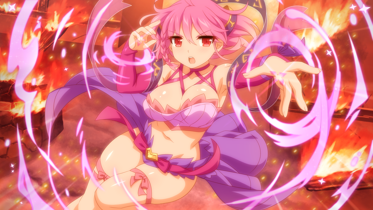 wanaca, game cg, official art, 1girl, belt, braid, breasts, burning, cecily rhodes, crop top, detached sleeves, fire, half-skirt, legends of talia: arcadia, looking at viewer, magic, pink hair, shawl, side braid, thigh strap