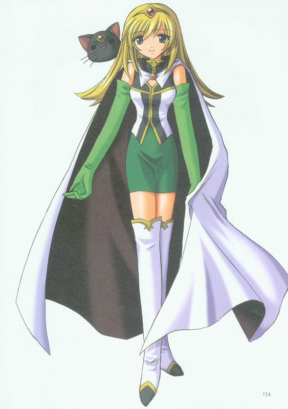 kanan, kahlua marjoram, mimolette, mimolette (galaxy angel), broccoli (company), galaxy angel, galaxy angel rune, 00s, 1girl, blonde hair, boots, cape, circlet, dress, female focus, gloves, grey eyes, long hair, solo, thigh boots, thighhighs