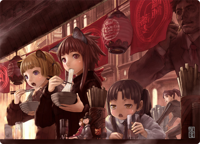 masakichi, original, 1boy, 4girls, animal ears, blonde hair, bowl, brown hair, cat ears, chopsticks, city, eating, food, food stand, freckles, jitome, lantern, mini person, minigirl, multiple girls, noodles, purple eyes, red eyes, red hair, soba, udon, yellow eyes