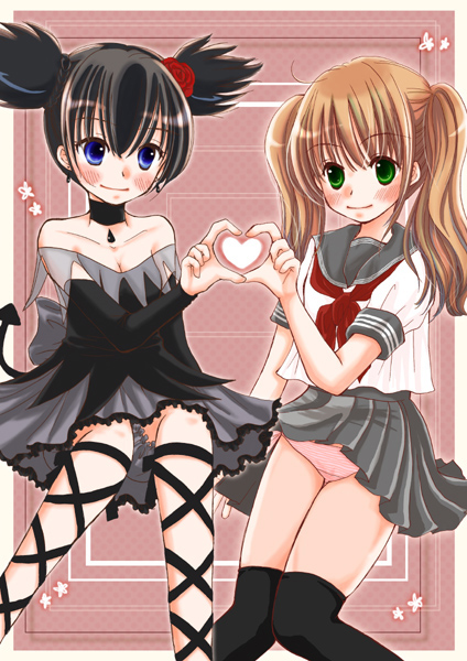 yuririn, kuromi, kurumi nui, onegai my melody, original, sanrio, 00s, 2girls, crossover, heart, multiple girls, panties, school uniform, serafuku, thighhighs, underwear, wind, wind lift