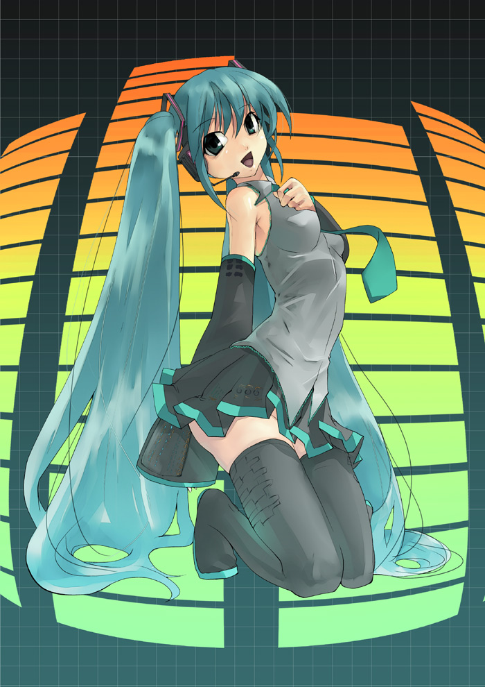 hino akira, hatsune miku, vocaloid, green hair, long hair, solo, thighhighs, twintails, very long hair