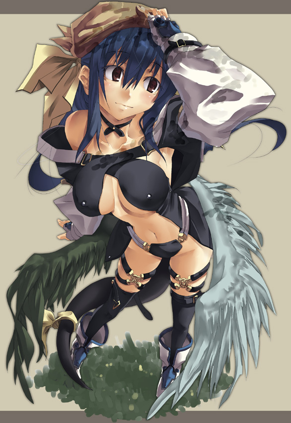 hino akira, dizzy (guilty gear), arc system works, guilty gear, 1girl, asymmetrical wings, blue hair, boots, breasts, brown eyes, brown headscarf, covered erect nipples, female focus, headscarf, large breasts, long hair, ribbon, solo, tail, tail ornament, tail ribbon, thighhighs, wings