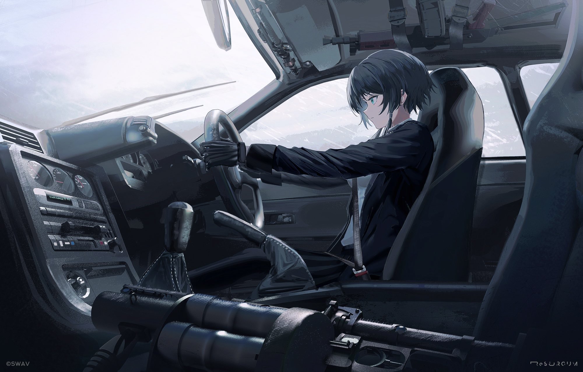 swav, original, commentary request, highres, 1girl, aks-74u, artist name, assault rifle, black gloves, black hair, black jacket, black pants, blue eyes, car interior, driving, drum magazine, gloves, grenade launcher, gun, jacket, kalashnikov rifle, magazine (weapon), pants, rg-6, rifle, shirt, short hair with long locks, sitting, solo, steering wheel, weapon, white shirt