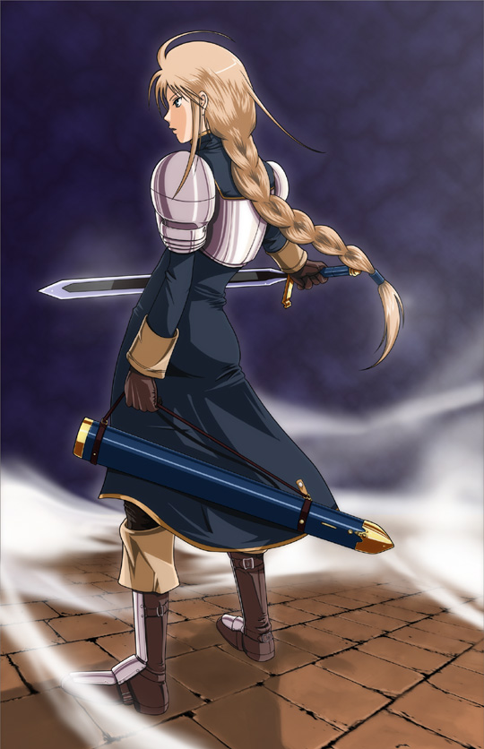 40010prototype, agrias oaks, final fantasy, final fantasy tactics, 1girl, armor, blonde hair, blue eyes, braid, braided ponytail, female focus, knight, long hair, single braid, solo, sword, weapon