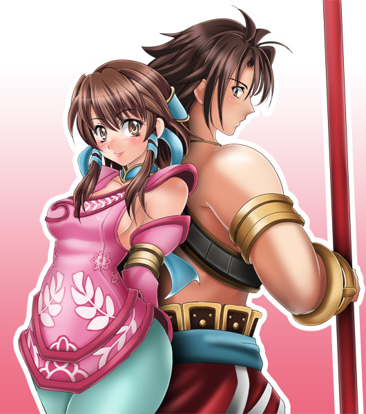 1041 (toshikazu), chai xianghua, kilik (soulcalibur), namco, soul calibur, soulcalibur, soulcalibur iii, 1boy, 1girl, back-to-back, blush, brown eyes, brown hair, couple, hetero, hip focus, looking at viewer, smile, staff, standing, wide hips