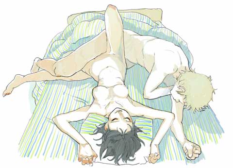 ryuko azuma, striped, commentary, lowres, traditional media, 1boy, 1girl, armpits, arms up, bed, black hair, blonde hair, breasts, couple, hetero, long legs, nude, pillow, sex, sketch, skinny, spooning