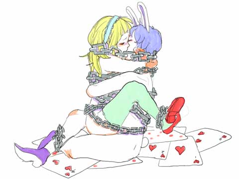 ryuko azuma, alice (alice in wonderland), white rabbit (alice in wonderland), alice's adventures in wonderland, commentary, lowres, traditional media, 1boy, 1girl, animal ears, bdsm, blonde hair, blush, bondage, bound, card, chain, couple, hairband, hetero, hug, kiss, leg lock, loli, nude, purple hair, rabbit ears, rabbit tail, sex, sketch, straddling, tail, thighhighs, upright straddle, vaginal