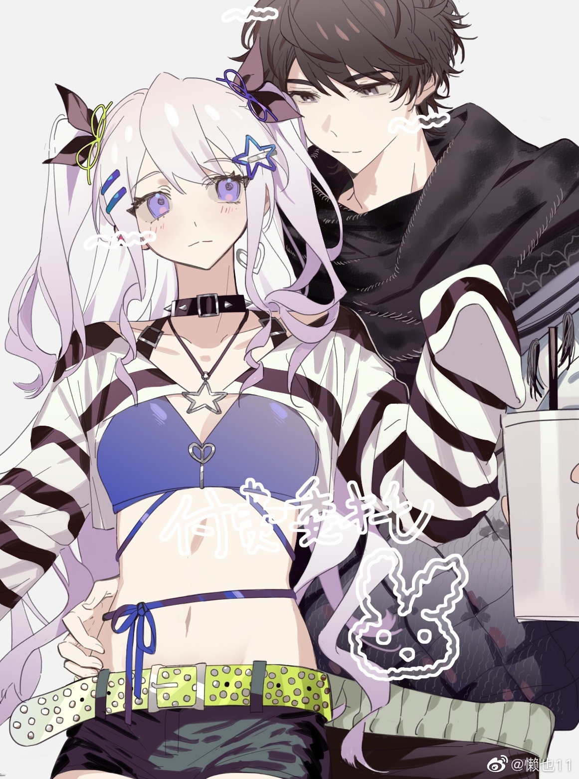 original, highres, 1boy, 1girl, belt, black shorts, bow, bra, cup, hair between eyes, hair bow, hair ornament, hand on another's waist, holding, holding cup, hug, jewelry, lanye11, long hair, long sleeves, midriff, navel, necklace, purple bra, purple eyes, purple hair, scarf, short hair, shorts, simple background, sleeves past fingers, sleeves past wrists, twintails, two side up, underwear, watermark, white hair