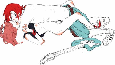 ryuko azuma, commentary, lowres, traditional media, 1boy, 1girl, bottomless, clothes lift, couple, flat chest, guitar, hetero, instrument, kiss, missionary, nipples, sex, shirt lift, sketch
