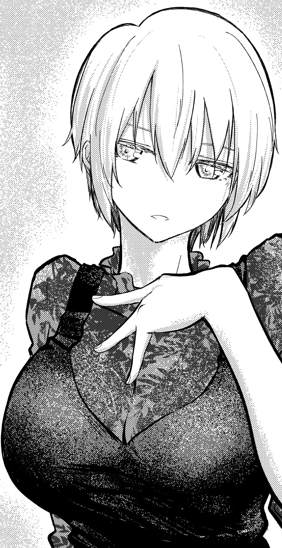 kawakami sanruishu, original, highres, 1girl, breasts, camisole, camisole over clothes, expressionless, greyscale, hand on own chest, large breasts, monochrome, short hair