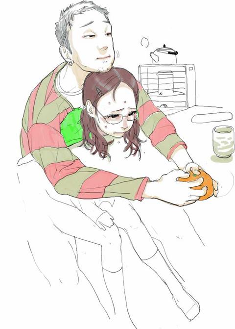 ryuko azuma, commentary, traditional media, 1boy, 1girl, bottomless, couple, cup, flat chest, food, fruit, glasses, half-closed eyes, hetero, kotatsu, loli, mandarin orange, orange (fruit), sex, shirt, sketch, stealth sex, striped clothes, striped shirt, table, under kotatsu, under table, vaginal, yunomi