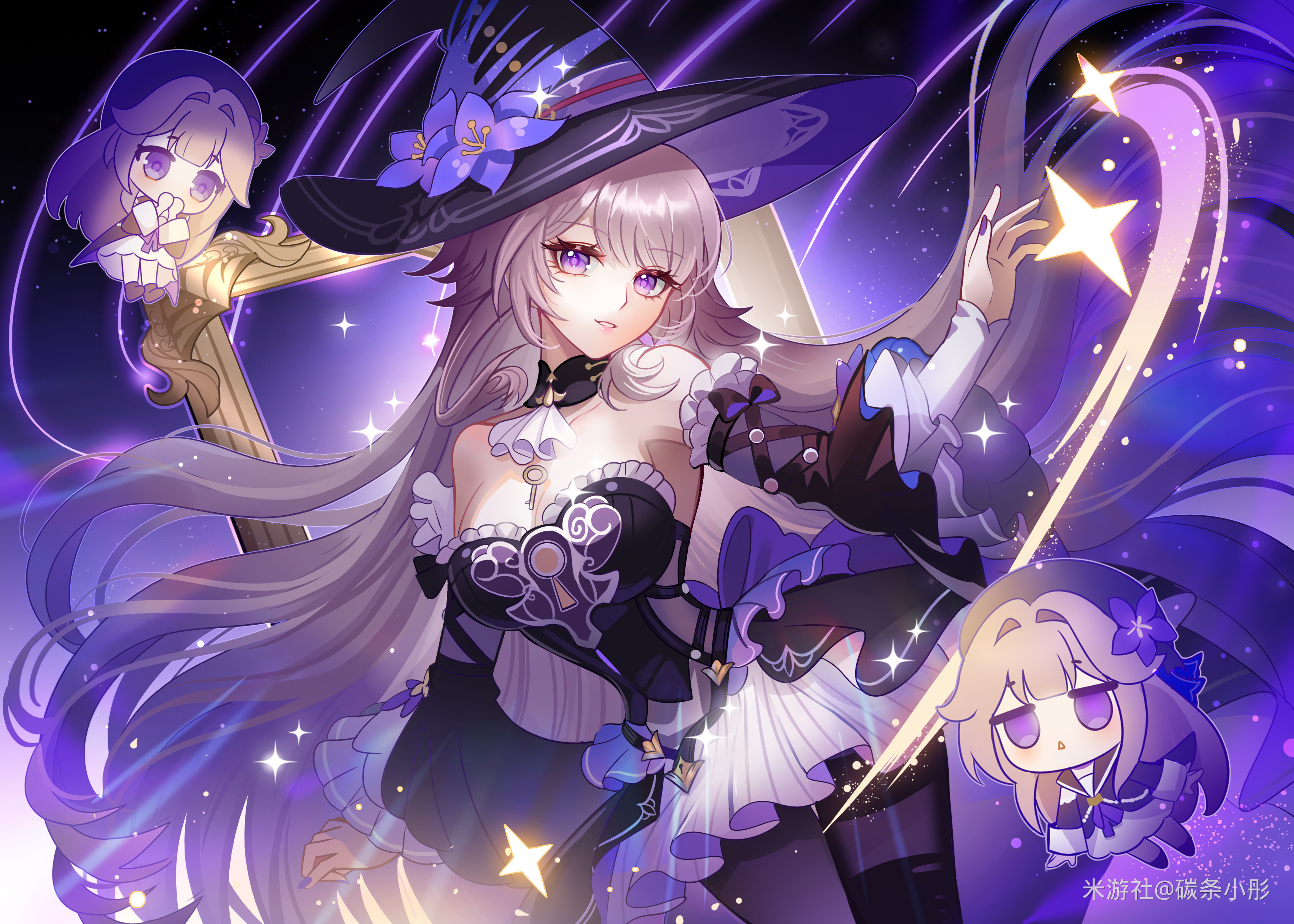 herta (honkai: star rail), the herta (honkai: star rail), honkai: star rail, honkai (series), absurdres, chinese commentary, commentary request, highres, 1girl, 3girls, bare shoulders, black dress, black pantyhose, breasts, brown hair, detached sleeves, dress, hat, long hair, looking at viewer, medium breasts, miyoushe watermark, multiple girls, pantyhose, parted lips, purple eyes, sky, solo, star (sky), starry sky, tantiao xiaotong, triangle mouth, very long hair, watermark, witch hat