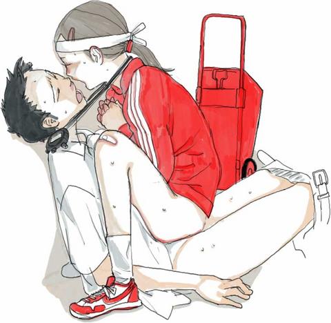 ryuko azuma, commentary, lowres, traditional media, 1boy, 1girl, bandaid, couple, cowgirl position, girl on top, gym uniform, headband, hetero, no panties, ponytail, sex, sketch, straddling, vaginal