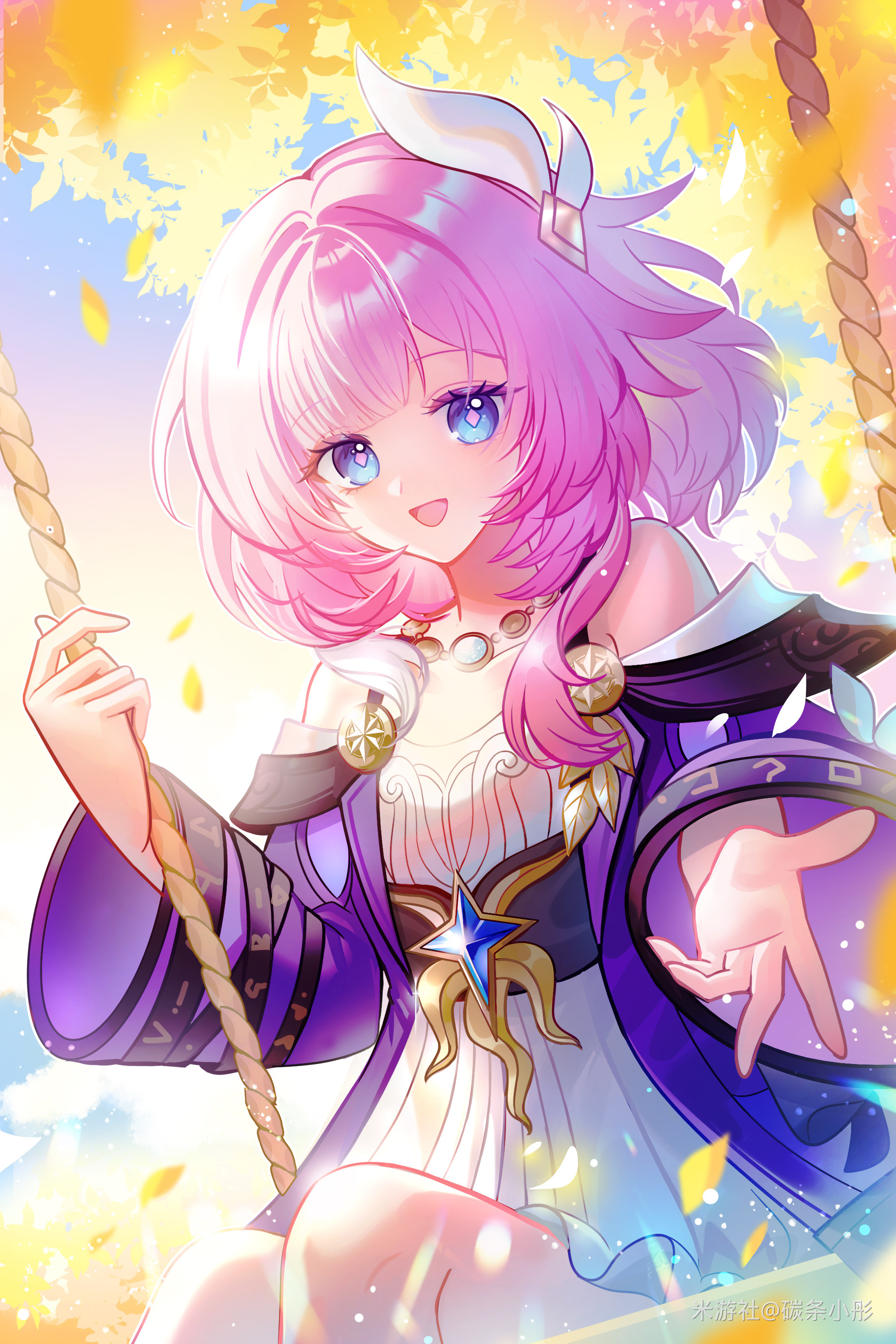 cyrene (honkai: star rail), honkai: star rail, honkai (series), absurdres, chinese commentary, commentary request, highres, 1girl, bare shoulders, breasts, coat, dress, falling leaves, hair ornament, jewelry, leaf, looking at viewer, miyoushe watermark, multicolored hair, necklace, on swing, open mouth, outdoors, pink hair, purple coat, reaching, reaching towards viewer, short hair, small breasts, smile, solo, swing, tantiao xiaotong, two-tone hair, watermark, white dress, white hair