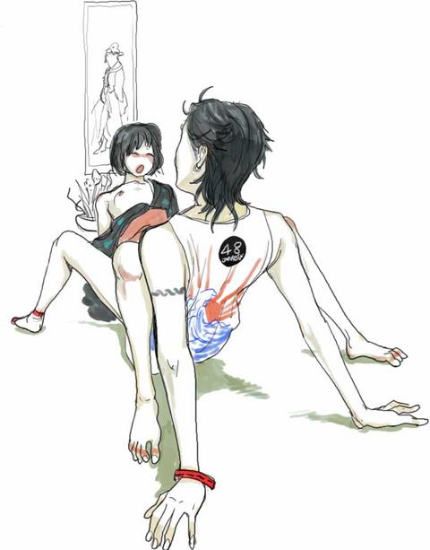 ryuko azuma, commentary, traditional media, 1boy, 1girl, breasts, clothed sex, couple, hetero, japanese clothes, nipples, open clothes, open shirt, sex, shirt, sketch, small breasts, straddling, upright straddle