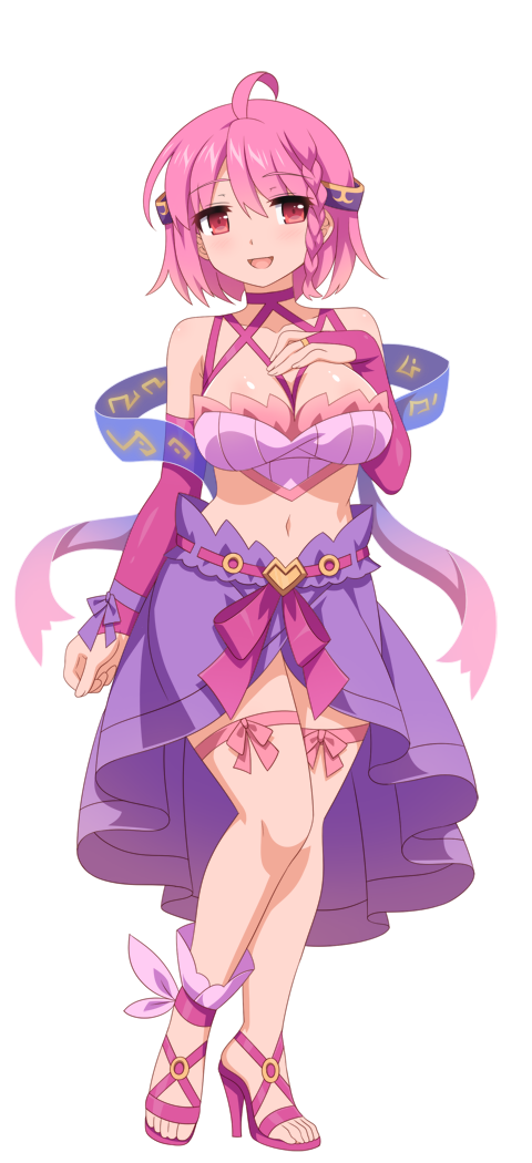 wanaca, game cg, official art, 1girl, belt, braid, breasts, cecily rhodes, crop top, detached sleeves, full body, half-skirt, legends of talia: arcadia, pink eyes, pink hair, sandals, shawl, side braid, smile, sprite, standing, thigh strap