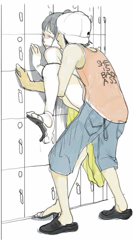 ryuko azuma, commentary, traditional media, 1boy, 1girl, bent over, couple, from behind, hetero, panties, panties around leg, sex, sketch, standing, underwear, vaginal