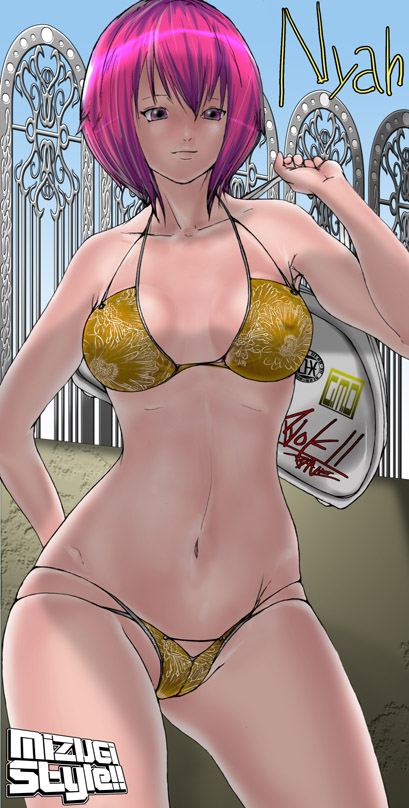 dera-x!!, nyah, beatmania iidx, bemani, 1girl, bikini, breasts, cameltoe, cleavage, contrapposto, covered erect nipples, female focus, hip focus, navel, pink eyes, pink hair, solo, standing, swimsuit, thighs, yellow bikini