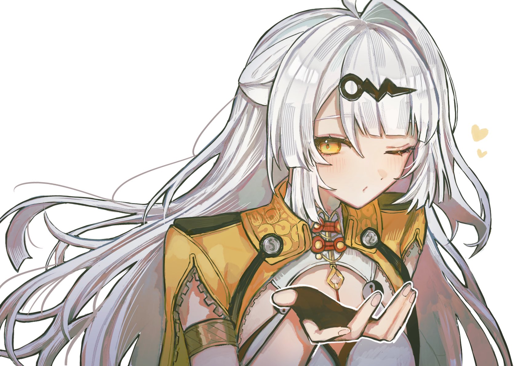 yixuan (zenless zone zero), zenless zone zero, highres, 1girl, ahoge, black gloves, czc9q2, fingerless gloves, gloves, hair ornament, hairclip, jacket, long hair, looking at viewer, one eye closed, simple background, single hair intake, solo, upper body, white background, white hair, yellow eyes, yellow jacket