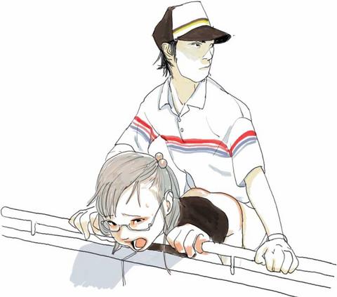 ryuko azuma, commentary, lowres, traditional media, 1boy, 1girl, against railing, bent over, bottomless, couple, doggystyle, glasses, hetero, railing, sex, sex from behind, sketch