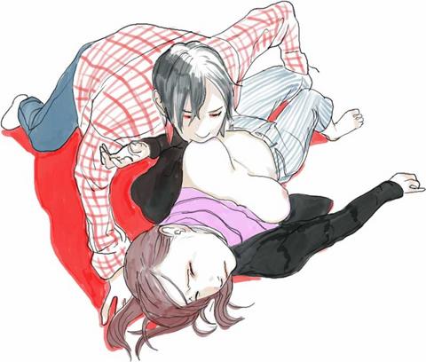 ryuko azuma, lip biting, commentary, lowres, traditional media, 1boy, 1girl, breast sucking, breastfeeding, breasts, closed eyes, clothes lift, couple, hetero, nipples, shirt lift, sketch