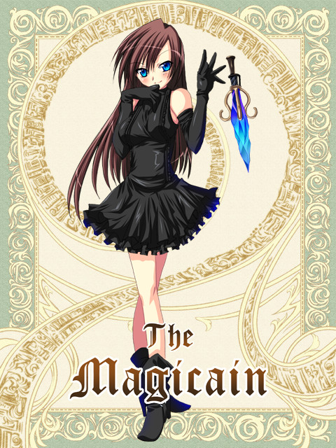 tajima yoshikazu, silver rain, bare legs, bare shoulders, blue eyes, blush, boots, brown hair, dagger, dress, elbow gloves, gloves, goth fashion, knife, long hair, smile, solo, standing, weapon
