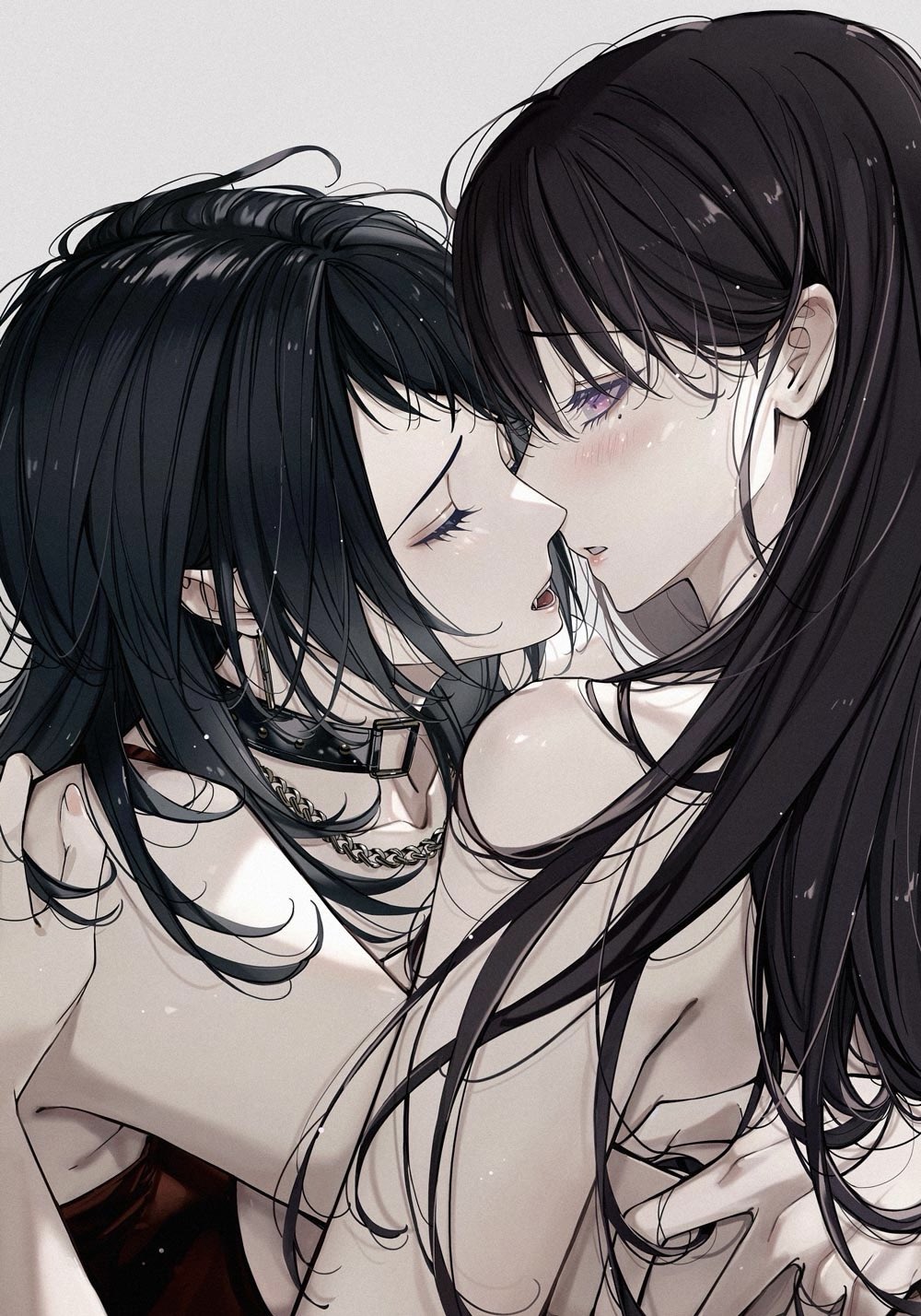 blackfangs, shiina taki, yahata umiri, bang dream!, bang dream! it's mygo!!!!!, chinese commentary, commentary request, highres, 2girls, black choker, black hair, blush, brown hair, camisole, choker, grey background, hug, imminent kiss, long hair, mole, mole under eye, multiple girls, open mouth, purple eyes, red camisole, yuri