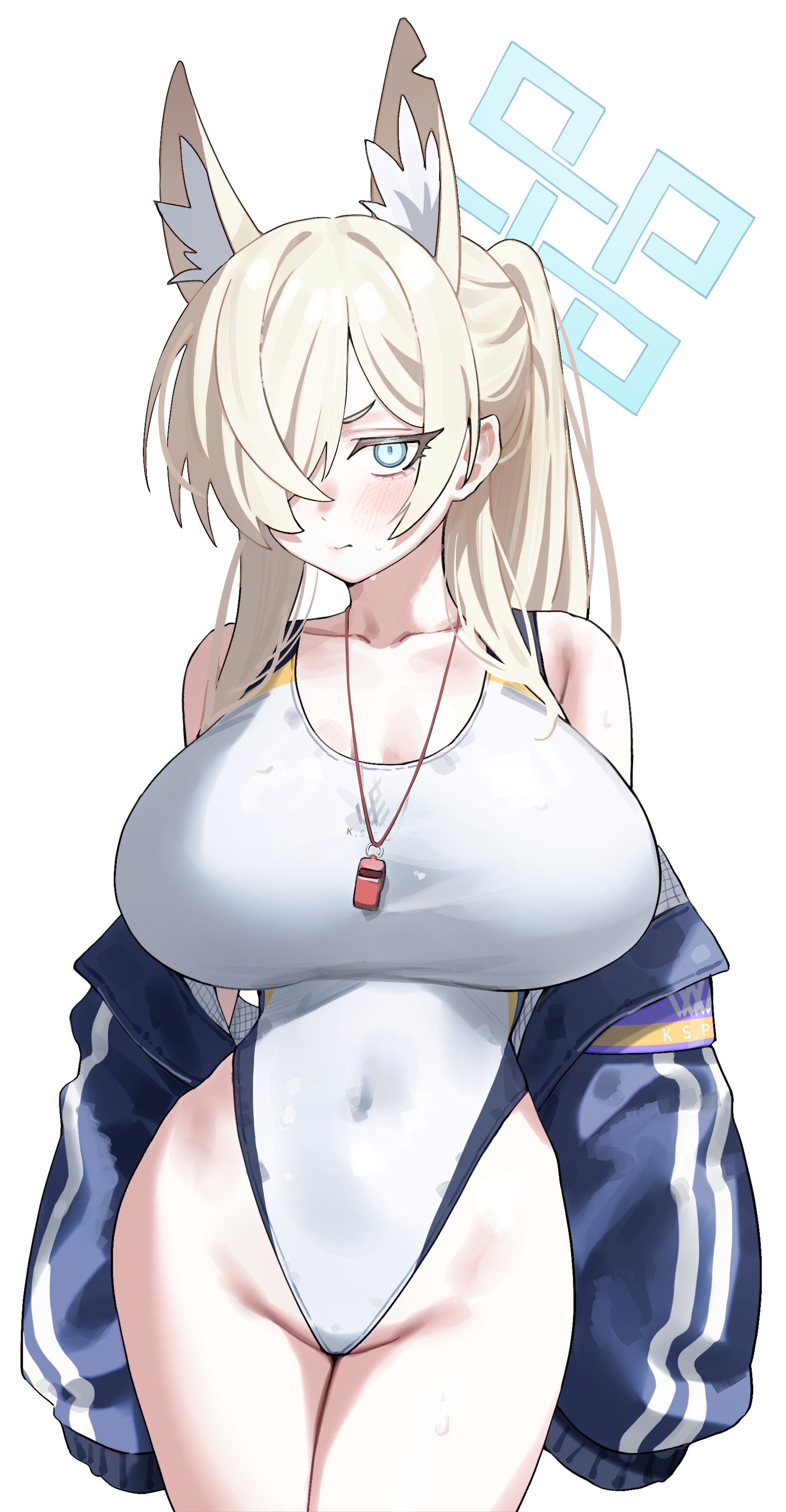 hanakonenne, kanna (blue archive), kanna (swimsuit) (blue archive), blue archive, absurdres, highres, 1girl, alternate breast size (larger), animal ear fluff, animal ears, armpit crease, bare shoulders, blonde hair, blue jacket, blush, breasts, collarbone, completely nude, covered navel, cowboy shot, groin, hair over one eye, halo, highleg, highleg one-piece swimsuit, huge breasts, jacket, jacket partially removed, long hair, looking at viewer, nude, official alternate costume, one-piece swimsuit, one eye covered, ponytail, simple background, solo, sweat, swimsuit, whistle, whistle around neck, white background, white one-piece swimsuit