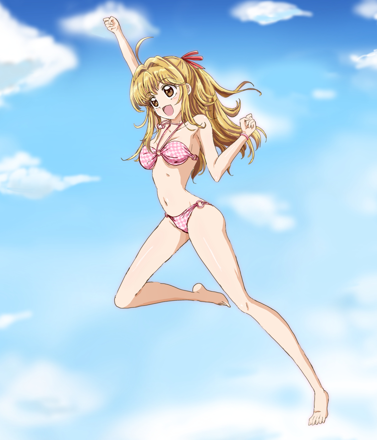 kinfuji, nanami lucia, mermaid melody pichi pichi pitch, highres, 1girl, ahoge, alternate hair length, alternate hairstyle, barefoot, bikini, blonde hair, blue sky, breasts, brown eyes, checkered bikini, checkered clothes, cloud, full body, hair intakes, half updo, jewelry, jumping, long hair, medium breasts, necklace, o-ring, o-ring bottom, o-ring top, pink bikini, raised fist, shell, shell necklace, sky, smile, solo, swimsuit