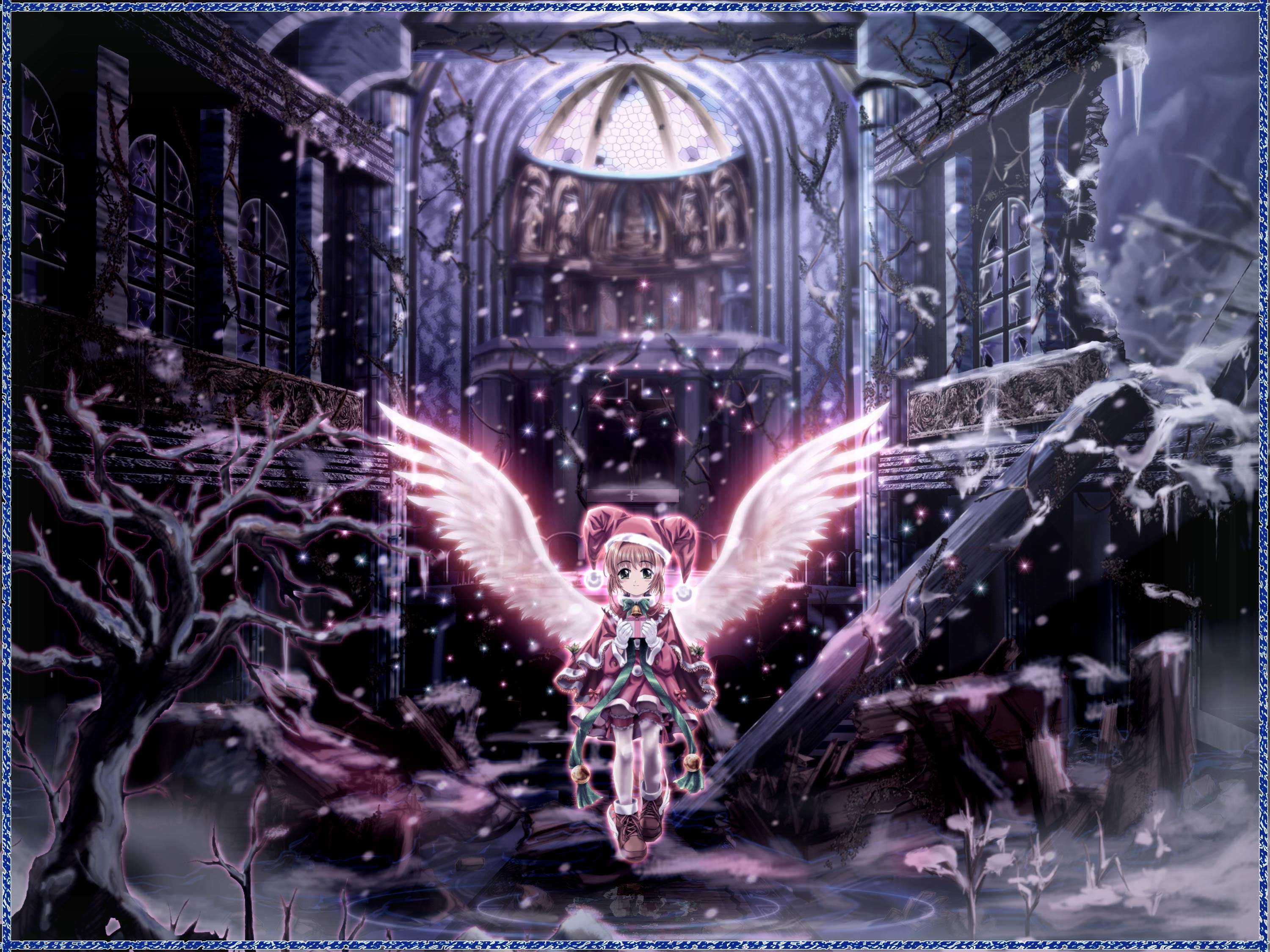 mutsuki (moonknives), kinomoto sakura, cardcaptor sakura, kodansha, highres, 1990s (style), 1girl, child, christmas, church, female focus, retro artstyle, snow, snowing, solo, wings
