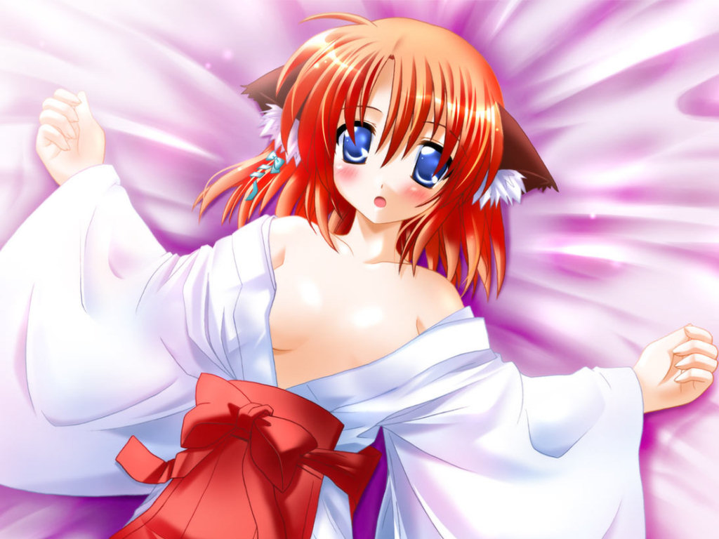 otoki raku, original, 1girl, animal ears, blue eyes, blush, female focus, fox ears, hakama, hakama skirt, japanese clothes, miko, open clothes, open shirt, red hair, red hakama, shirt, skirt, solo
