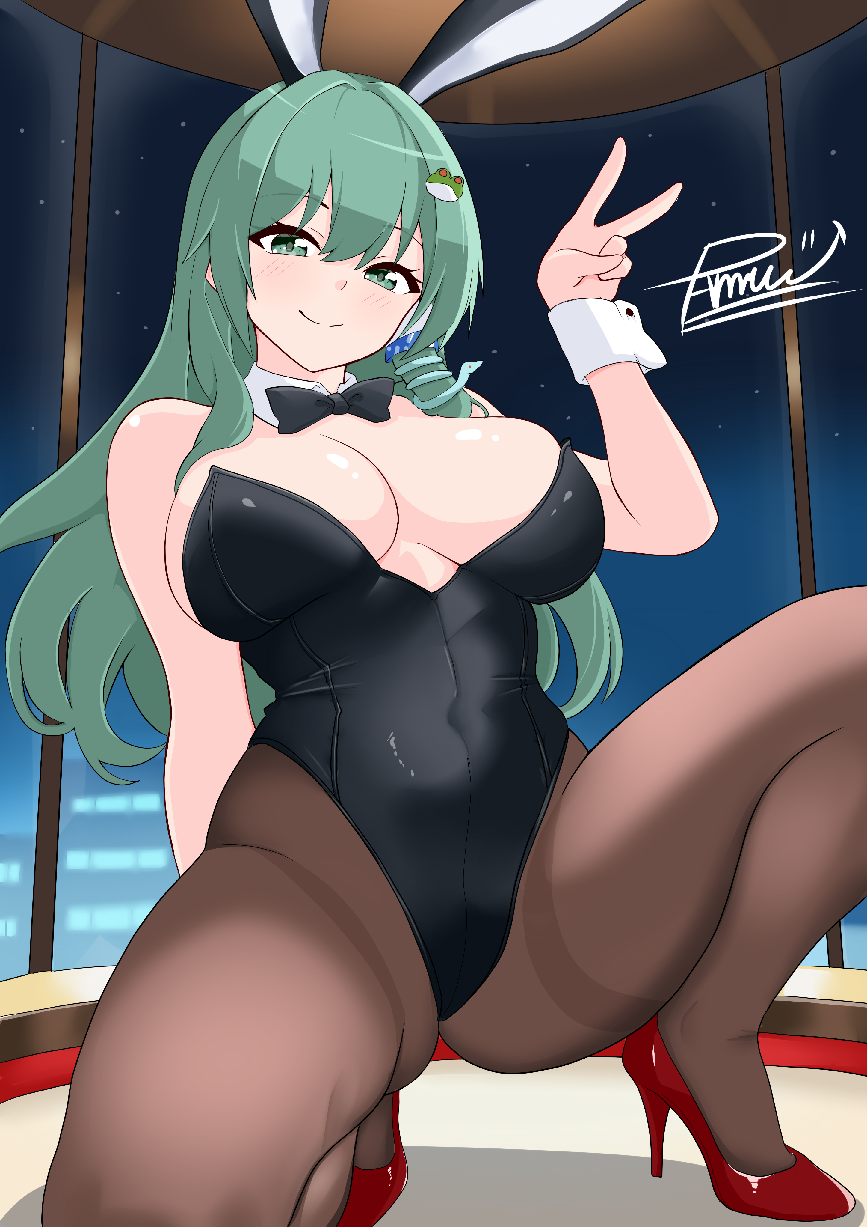 pamu art, kochiya sanae, touhou, absurdres, commentary request, highres, 1girl, animal ears, bare shoulders, black bow, black bowtie, black leotard, blush, bow, bowtie, breasts, brown pantyhose, cleavage, collar, covered navel, detached collar, fake animal ears, green eyes, green hair, hair ornament, hairpin, high heels, indoors, kneeling, large breasts, leotard, long hair, looking at viewer, night, pantyhose, playboy bunny, rabbit ears, signature, smile, solo, strapless, strapless leotard, v, window, wrist cuffs
