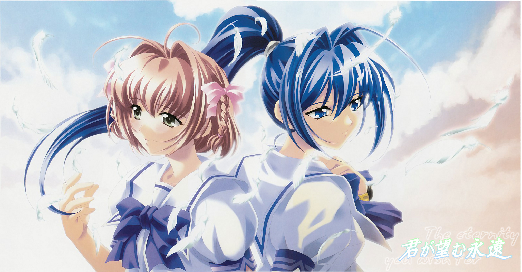 hayase mitsuki, suzumiya haruka, kimi ga nozomu eien, highres, 00s, 2girls, blue eyes, blue hair, bow, braid, green eyes, long hair, multiple girls, ponytail, poster (medium), school uniform, serafuku, twin braids