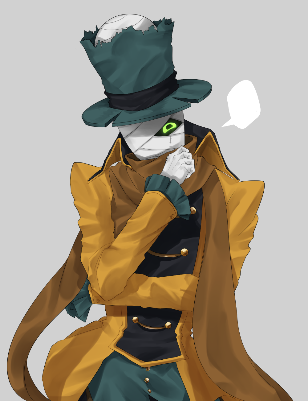 utanagi 00, oreca battle, highres, 1boy, bandaged head, bandages, blank speech bubble, brown scarf, buttons, coat, colored skin, frilled sleeves, frills, gloves, glowing, glowing eye, green eyes, grey skin, hand on own chin, hat, high collar, laughing, looking at viewer, mummy, necromancer wight (oreca battle), one eye covered, scarf, simple background, solo, speech bubble, top hat, torn clothes, torn hat, undershirt, white gloves, yellow coat