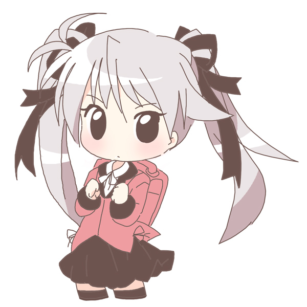 mirai (sugar), mochida hinako, myself yourself, 00s, 1girl, backpack, bag, blush, chibi, female focus, looking at viewer, no nose, open mouth, ribbon, school uniform, serafuku, simple background, solo, thighhighs, twintails, white background, white hair, zettai ryouiki