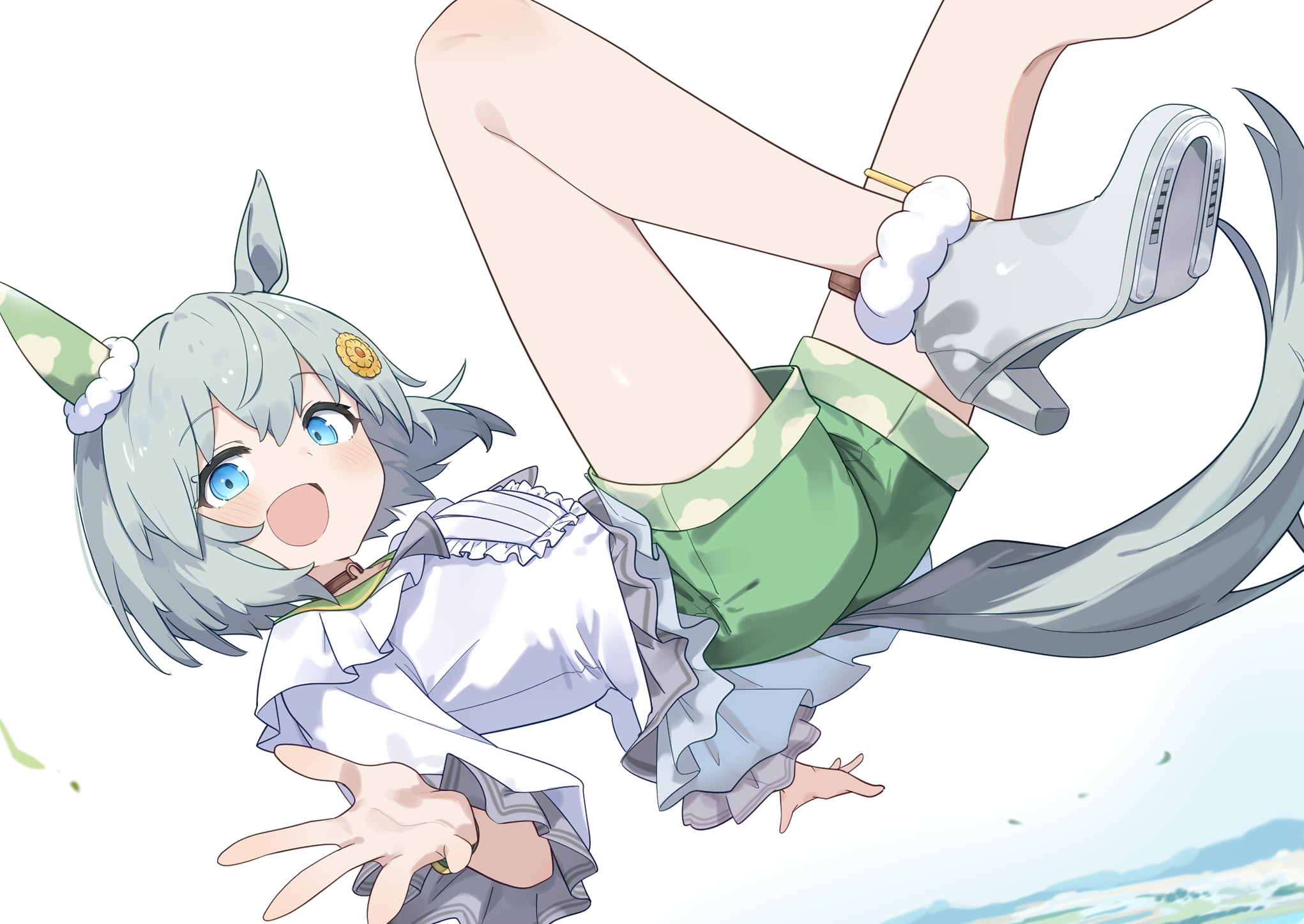 totomono, seiun sky (umamusume), umamusume, highres, 1girl, animal ears, blouse, blue eyes, blush, brown choker, choker, ear covers, flower, green shorts, grey hair, hair between eyes, hair flower, hair ornament, hairclip, horse ears, horse girl, horse tail, horseshoe, horseshoe ornament, looking at viewer, open mouth, seiun sky (reeling in the big one) (umamusume), shirt, shoes, short hair, shorts, single ear cover, smile, solo, sunflower, sunflower hair ornament, tail, white shirt