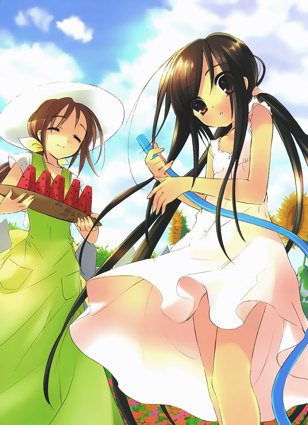 ito noizi, sakai chigusa, shana, shakugan no shana, highres, 00s, 2girls, black hair, day, dress, flower, food, fruit, hat, multiple girls, sundress, sunflower, watermelon