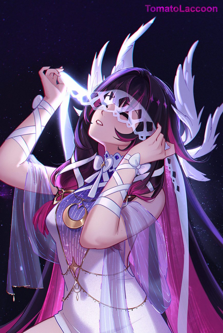 tomatolaccoon, columbina (genshin impact), genshin impact, commentary, highres, 1girl, ^ ^, bare shoulders, black hair, breasts, closed eyes, covered navel, dress, hair ornament, hands up, head wings, long hair, medium breasts, multicolored hair, purple hair, ribbon, see-through clothes, shawl, solo, streaked hair, upper body, very long hair, white dress, white ribbon, wing hair ornament, wings, wrist ribbon
