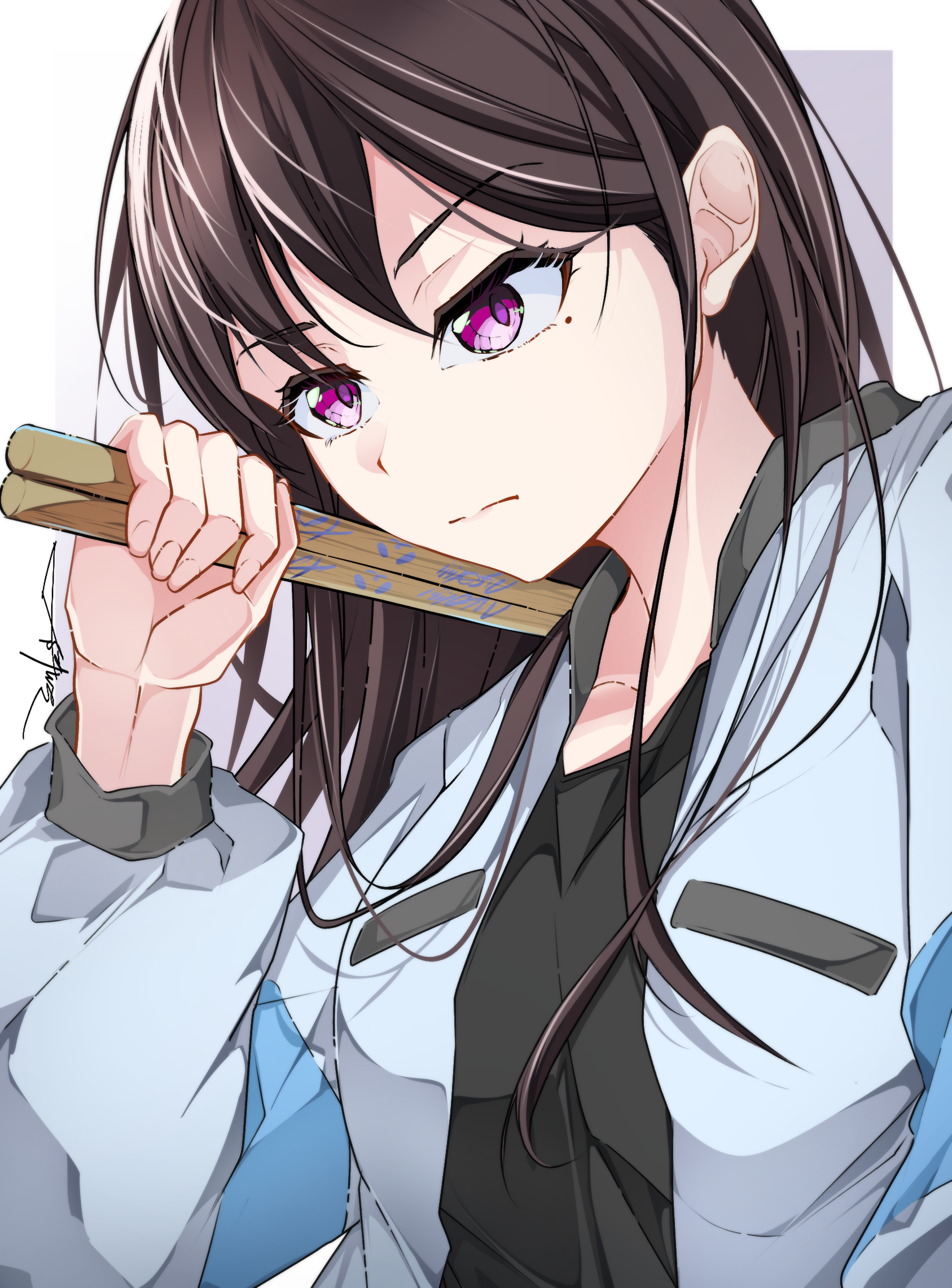 ryo yanakasa, shiina taki, bang dream!, bang dream! it's mygo!!!!!, commentary, highres, 1girl, black hair, black shirt, closed mouth, drumsticks, grey jacket, holding, holding drumsticks, jacket, long hair, long sleeves, mole, mole under eye, open clothes, open jacket, purple eyes, shirt, sidelocks, simple background, solo, upper body, white background