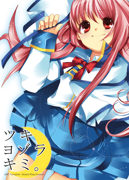 original, 1girl, arm up, blue dress, bow, bowtie, cowboy shot, crescent, dress, female focus, long sleeves, pink hair, red bow, red bowtie, red eyes, school uniform, serafuku, sidelocks, solo, text focus