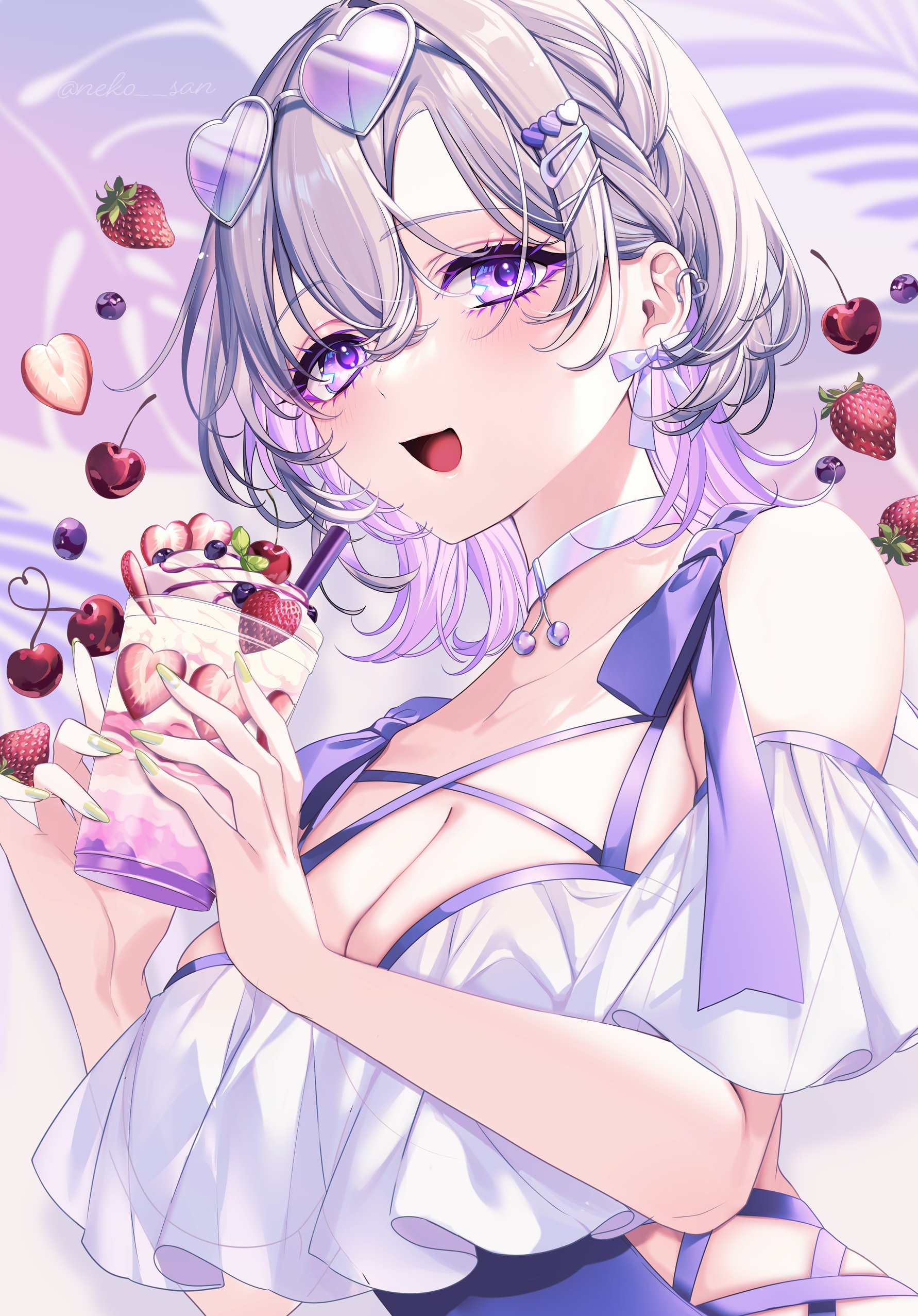 neko-san (dim.dream), monami (neko-san (dim.dream)), original, absurdres, commentary, highres, symbol-only commentary, 1girl, bare shoulders, blush, breasts, choker, cleavage, collarbone, colored inner hair, cup, disposable cup, drinking straw, eyewear on head, food, fruit, grey hair, hair between eyes, hair ornament, hands up, heart, heart-shaped eyewear, large breasts, looking at viewer, multicolored hair, open mouth, purple eyes, purple hair, short hair, smile, solo, strawberry, sunglasses, upper body, white choker, x hair ornament